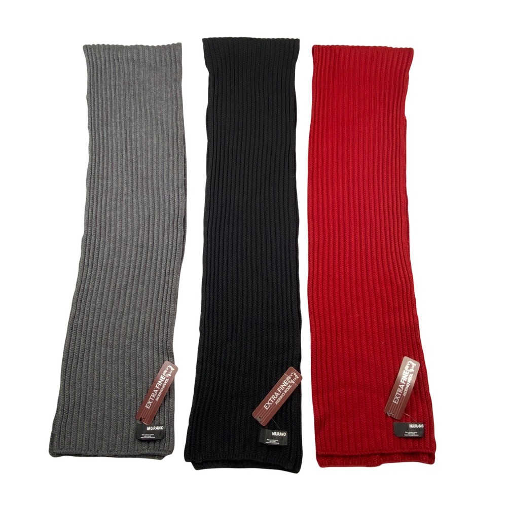 Murano Extra Fine Merino Wool Ribbed Knit Scarf Bundle 3 Pack Black Grey Red NEW